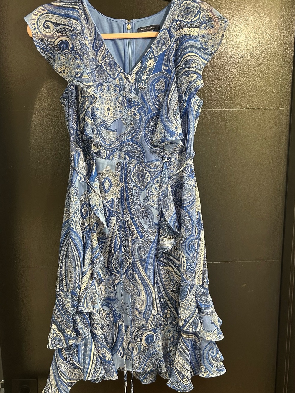 Tommy Hilfiger Blue Paisley Ruffle Tiered V‑Neck Midi Dress
